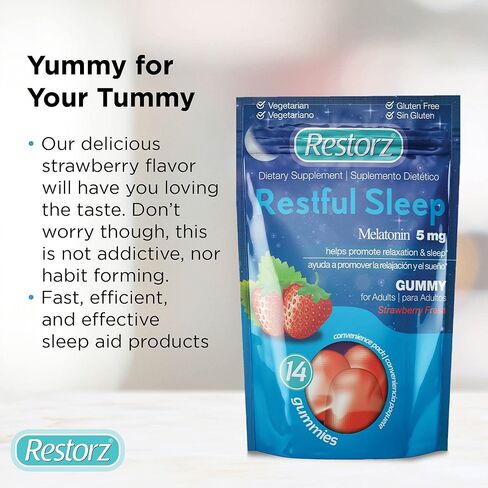 علكات النوم المريحة من ريستورز مع الميلاتونين 5 ملغ، 5 ملغ من علكات الميلاتونين مكملة لدعم دورة نوم صحية، نكهة الفراولة، 112 علكة in Kuwait