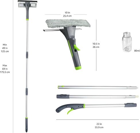 Amazon Basics Extendable Window Squeegee with Spray, Aluminum Extension Pole, 49 to 69 Inch, Gray in Saudi Arabia