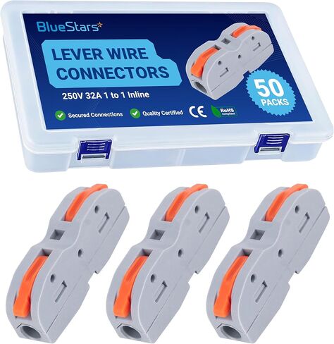 BlueStars 50 Pcs 250V 32A Compact Splicing Lever Wire Connector, 1 to 1 Inline Orange Wire Connectors Push-in Suitable for Multiple Types Butt Terminal Connectors 28-12 AWG - CE Certified in Saudi Arabia