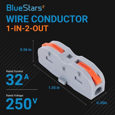 BlueStars 50 Pcs 250V 32A Compact Splicing Lever Wire Connector, 1 to 1 Inline Orange Wire Connectors Push-in Suitable for Multiple Types Butt Terminal Connectors 28-12 AWG - CE Certified in Saudi Arabia