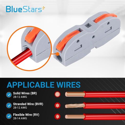 BlueStars 50 Pcs 250V 32A Compact Splicing Lever Wire Connector, 1 to 1 Inline Orange Wire Connectors Push-in Suitable for Multiple Types Butt Terminal Connectors 28-12 AWG - CE Certified in Saudi Arabia
