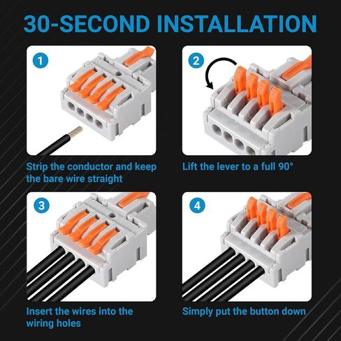 BlueStars 50 Pcs 250V 32A Compact Splicing Lever Wire Connector, 1 to 1 Inline Orange Wire Connectors Push-in Suitable for Multiple Types Butt Terminal Connectors 28-12 AWG - CE Certified in Saudi Arabia