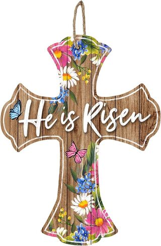 Deroro He is Risen علامة صليب دينية لعيد الفصح لديكور الباب الأمامي، شماعة باب من الخشب المسيحي للشرفة الخارجية في الهواء الطلق، إكليل خشبي للتعليق على الحائط الداخلي in Kuwait