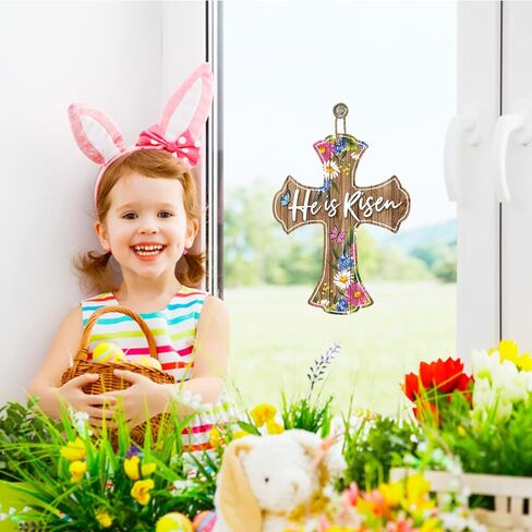 Deroro He is Risen علامة صليب دينية لعيد الفصح لديكور الباب الأمامي، شماعة باب من الخشب المسيحي للشرفة الخارجية في الهواء الطلق، إكليل خشبي للتعليق على الحائط الداخلي in Kuwait