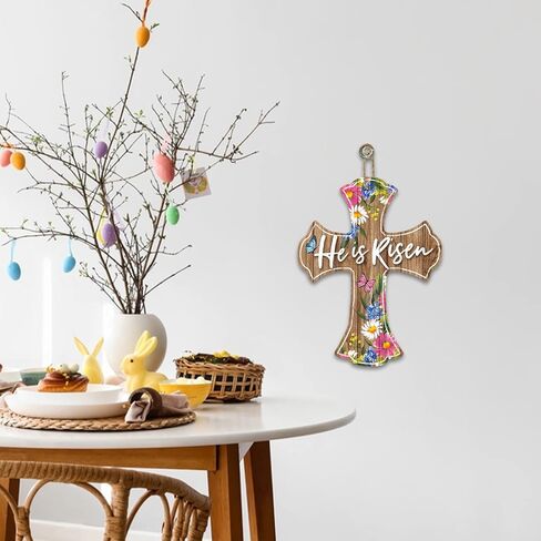 Deroro He is Risen علامة صليب دينية لعيد الفصح لديكور الباب الأمامي، شماعة باب من الخشب المسيحي للشرفة الخارجية في الهواء الطلق، إكليل خشبي للتعليق على الحائط الداخلي in Kuwait