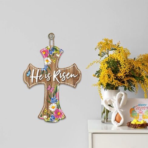 Deroro He is Risen علامة صليب دينية لعيد الفصح لديكور الباب الأمامي، شماعة باب من الخشب المسيحي للشرفة الخارجية في الهواء الطلق، إكليل خشبي للتعليق على الحائط الداخلي in Kuwait
