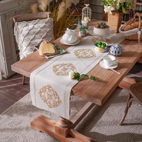 ARTABLE Lace Table Runner Macrame Vintage Flower Dresser Scarf with Exquisite Embroidery Table Runners for Kitchen Home Wedding Party Dining Decoration (12 x 120 Inch, Beige) in Kuwait
