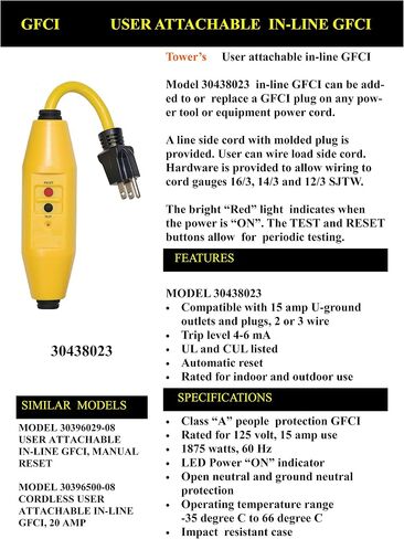 Tower Manufacturing 30434009 Auto-Reset 15 AMP Right Angle GFCI Plug, Black in Saudi Arabia