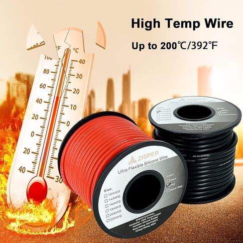 سلك سيليكون 12 AWG بطول 50 قدم، سلك نحاسي مجدول مرن للغاية 12 قياس، درجة حرارة عالية 392 درجة فهرنهايت 600 فولت - RC، السيارات، البطارية | موصل نحاسي معلب - بكرات حمراء بطول 25 قدمًا وأسود بطول 25 قدمًا in Saudi Arabia