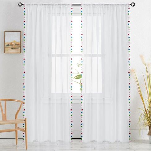 BUHUA Sheer White Curtains 96 Inches Length for Bedroom Living Room Pom Pom Tasseled Voile Semi-Sheer Curtains for Light Filtering, 1 Pair (52 x 96 inch, Colorful) in Saudi Arabia