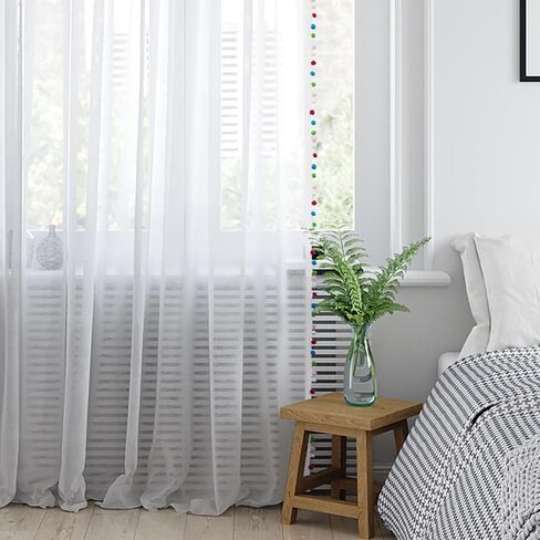 BUHUA Sheer White Curtains 96 Inches Length for Bedroom Living Room Pom Pom Tasseled Voile Semi-Sheer Curtains for Light Filtering, 1 Pair (52 x 96 inch, Colorful) in Saudi Arabia
