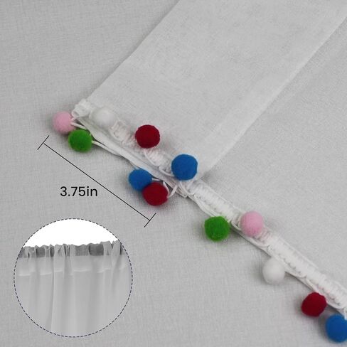 BUHUA Sheer White Curtains 96 Inches Length for Bedroom Living Room Pom Pom Tasseled Voile Semi-Sheer Curtains for Light Filtering, 1 Pair (52 x 96 inch, Colorful) in Saudi Arabia