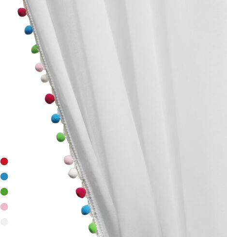 BUHUA Sheer White Curtains 96 Inches Length for Bedroom Living Room Pom Pom Tasseled Voile Semi-Sheer Curtains for Light Filtering, 1 Pair (52 x 96 inch, Colorful) in Saudi Arabia