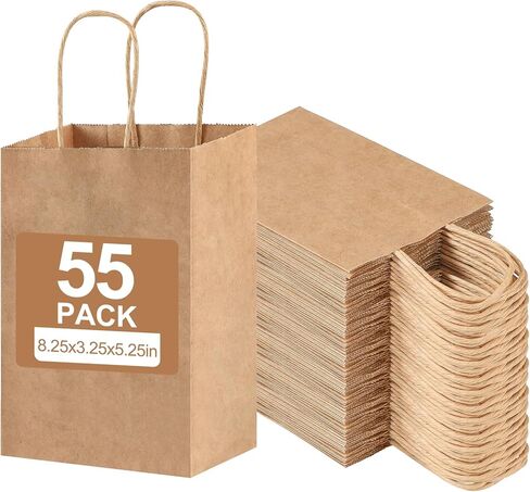 AOZITA 55 عبوة من أكياس الهدايا الورقية بمقابض، 5.25 × 3.25 × 8.25 بوصة أكياس ورق كرافت صغيرة للحفلات لحفلات استقبال المولود الجديد، والحرف اليدوية، والتسوق، والتجزئة، والزفاف، ومستلزمات حفلات أعياد الميلاد in Kuwait
