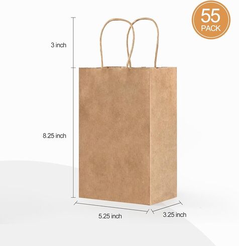 AOZITA 55 عبوة من أكياس الهدايا الورقية بمقابض، 5.25 × 3.25 × 8.25 بوصة أكياس ورق كرافت صغيرة للحفلات لحفلات استقبال المولود الجديد، والحرف اليدوية، والتسوق، والتجزئة، والزفاف، ومستلزمات حفلات أعياد الميلاد in Kuwait