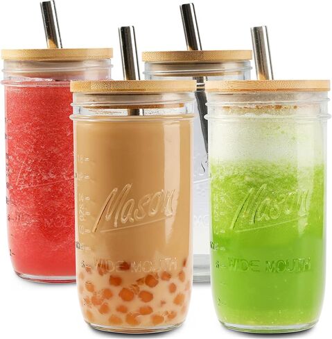 Mason 4 Pack Reusable Tea Cups, Glass Jars 24oz Wide Mouth Smoothie Cups with Bamboo Lids and Silver Straws, Drinking Glass Bubble Tea Cups for Iced Coffee Travel Bottle in Saudi Arabia