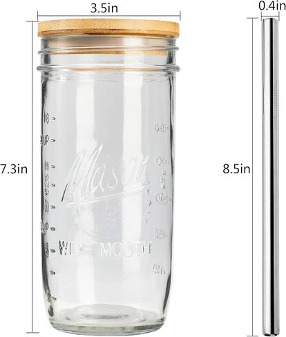 Mason 4 Pack Reusable Tea Cups, Glass Jars 24oz Wide Mouth Smoothie Cups with Bamboo Lids and Silver Straws, Drinking Glass Bubble Tea Cups for Iced Coffee Travel Bottle in Saudi Arabia