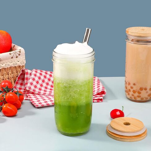 Mason 4 Pack Reusable Tea Cups, Glass Jars 24oz Wide Mouth Smoothie Cups with Bamboo Lids and Silver Straws, Drinking Glass Bubble Tea Cups for Iced Coffee Travel Bottle in Saudi Arabia