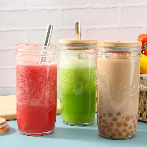 Mason 4 Pack Reusable Tea Cups, Glass Jars 24oz Wide Mouth Smoothie Cups with Bamboo Lids and Silver Straws, Drinking Glass Bubble Tea Cups for Iced Coffee Travel Bottle in Saudi Arabia