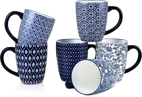 Selamica 16 oz Porcelain Coffee Mugs Set, Ceramic Tea Cup with Handle, dishwasher, oven, microwave safe, Pack of 6, Vintage Blue in Saudi Arabia