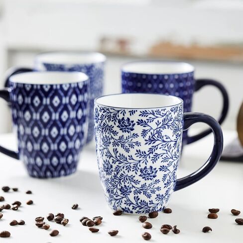 Selamica 16 oz Porcelain Coffee Mugs Set, Ceramic Tea Cup with Handle, dishwasher, oven, microwave safe, Pack of 6, Vintage Blue in Saudi Arabia