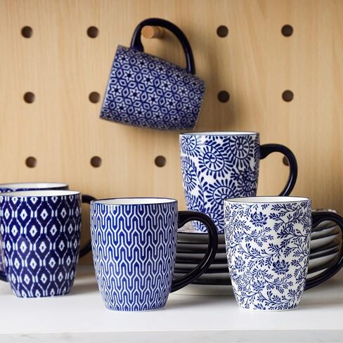 Selamica 16 oz Porcelain Coffee Mugs Set, Ceramic Tea Cup with Handle, dishwasher, oven, microwave safe, Pack of 6, Vintage Blue in Saudi Arabia