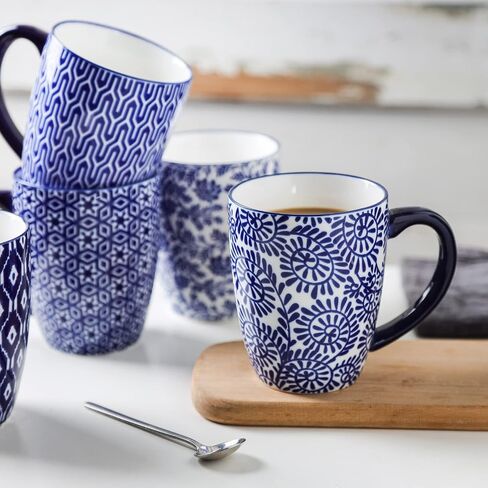 Selamica 16 oz Porcelain Coffee Mugs Set, Ceramic Tea Cup with Handle, dishwasher, oven, microwave safe, Pack of 6, Vintage Blue in Saudi Arabia