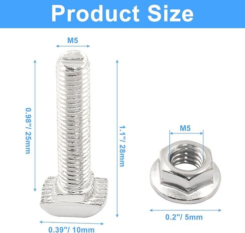 Hordion 20sets M5 x 16mm T Slot Drop-in Bolt and M5 Hex Flange Nut Set, Hammer Head Bolts T Shape Stud Sliding Screw for 20 Series Aluminum Profile in Kuwait