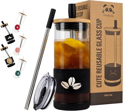 أكواب Pandaloo® الزجاجية مع أغطية وقش - 20 أونصة سائلة - كوب قهوة مثلج بحجم مثالي - كوب عصير مع غطاء من الخيزران وغطاء أثناء التنقل - كوب زجاجي مع قش (عدد واحد (عبوة من 1)، ليلك رابسودي) in Kuwait