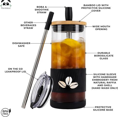 أكواب Pandaloo® الزجاجية مع أغطية وقش - 20 أونصة سائلة - كوب قهوة مثلج بحجم مثالي - كوب عصير مع غطاء من الخيزران وغطاء أثناء التنقل - كوب زجاجي مع قش (عدد واحد (عبوة من 1)، ليلك رابسودي) in Kuwait