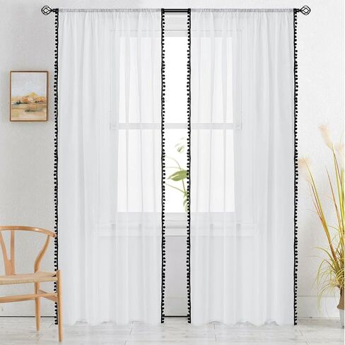BUHUA Sheer White Curtains 96 Inches Length for Bedroom Living Room Pom Pom Tasseled Voile Semi-Sheer Curtains for Light Filtering, 1 Pair (52 x 96 inch, Colorful) in Saudi Arabia