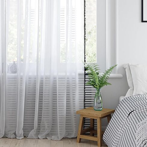 BUHUA Sheer White Curtains 96 Inches Length for Bedroom Living Room Pom Pom Tasseled Voile Semi-Sheer Curtains for Light Filtering, 1 Pair (52 x 96 inch, Colorful) in Saudi Arabia
