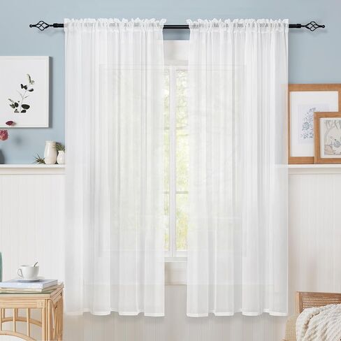 BUHUA Sheer White Curtains 96 Inches Length for Bedroom Living Room Pom Pom Tasseled Voile Semi-Sheer Curtains for Light Filtering, 1 Pair (52 x 96 inch, Colorful) in Saudi Arabia
