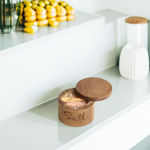Acacia Wood Salt Spice Box with Swivel Cover for Kitchen Countertop,Salt Keeper with Built-in Spoon,Modern Farmhouse Kitchen Decoror for Storing Salt,Pepper, Herbs, Spices Or Seasonings, 1 Pack in Saudi Arabia