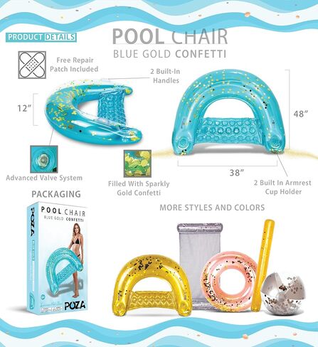 POZA Inflatable Pool Float Chair - Luxurious Lounger Filled with Sparkle Confetti, 2 Built in Cup Holders & Handles, Water Floating Chair for Beach, Lake & Swimming Pool - 48 x 38 Inch in Kuwait