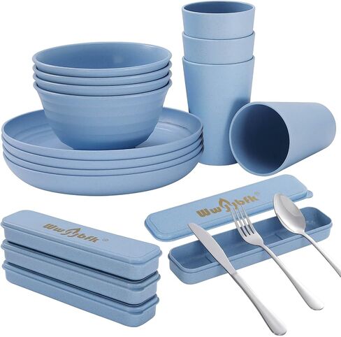 28pcs Wheat Straw Dinnerware Sets for 4, Microwave Safe Wheat Straw Plates and Bowls Sets, Large Plates, Bowls, Cups in Saudi Arabia