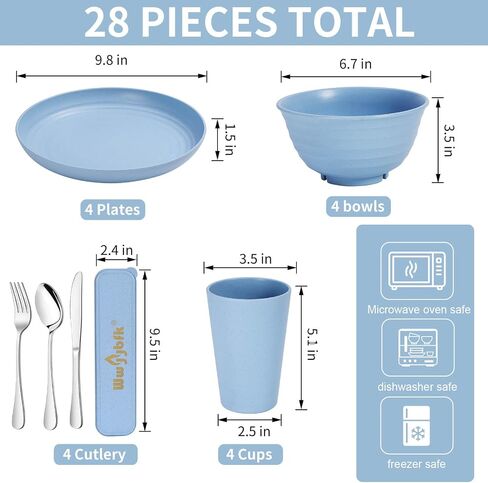 28pcs Wheat Straw Dinnerware Sets for 4, Microwave Safe Wheat Straw Plates and Bowls Sets, Large Plates, Bowls, Cups in Saudi Arabia