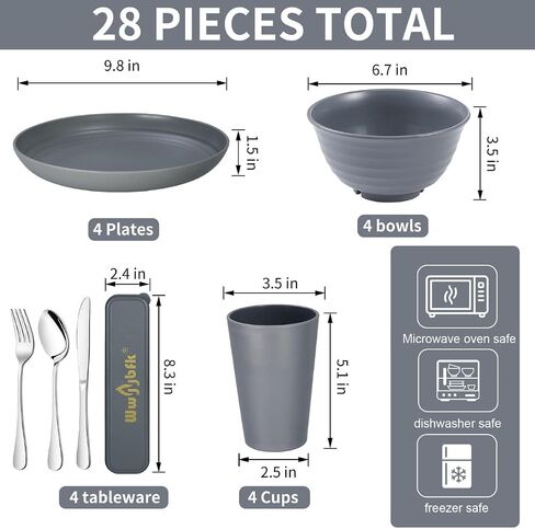 28pcs Wheat Straw Dinnerware Sets for 4, Microwave Safe Wheat Straw Plates and Bowls Sets, Large Plates, Bowls, Cups in Saudi Arabia