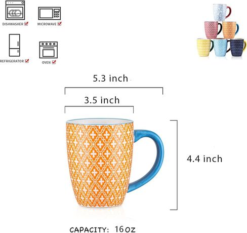 Selamica 16 oz Porcelain Coffee Mugs Set, Ceramic Tea Cup with Handle, dishwasher, oven, microwave safe, Pack of 6, Vintage Blue in Saudi Arabia