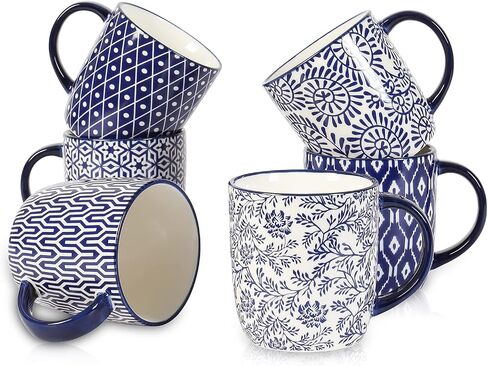Selamica 16 oz Porcelain Coffee Mugs Set, Ceramic Tea Cup with Handle, dishwasher, oven, microwave safe, Pack of 6, Vintage Blue in Saudi Arabia