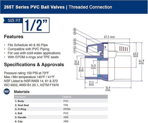 Midline Valve PVC Ball Valve Blue T-Handle for Potable Water 1/2 in. FIP White Plastic (487U12) in Saudi Arabia