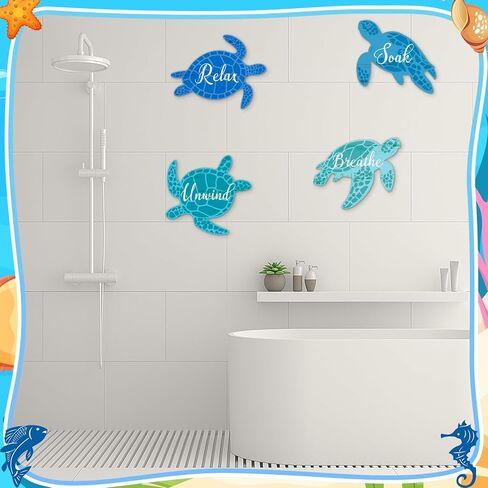ZhouBoat 4 قطع جدار الفن السلحفاة البحرية للحمام السلحفاة البحرية جدار ديكور الاسترخاء نقع الاسترخاء التنفس جدار الفن علامة الحمام الخشبية سلحفاة البحر المحيط جدار ديكور للمنزل جدار سبا الحمام الغسيل (المحيط) in Kuwait