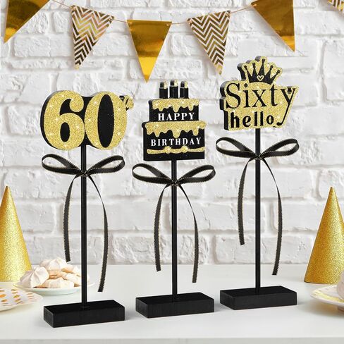 3 Pcs 60th Birthday Table Decorations Wooden Signs,Happy 60th Birthday Tiered Tray Decorations for men women Birthday Party Decor (60) in Kuwait