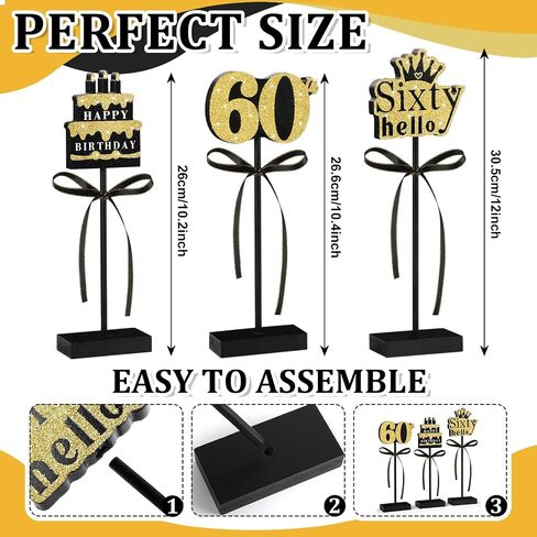 3 Pcs 60th Birthday Table Decorations Wooden Signs,Happy 60th Birthday Tiered Tray Decorations for men women Birthday Party Decor (60) in Kuwait