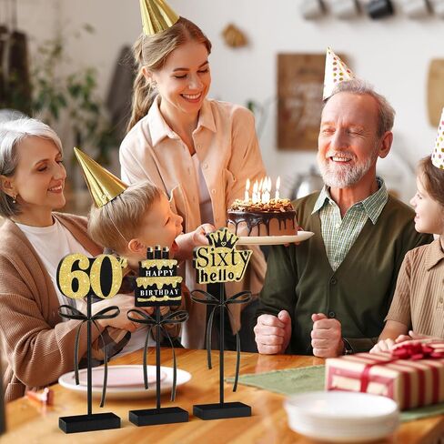 3 Pcs 60th Birthday Table Decorations Wooden Signs,Happy 60th Birthday Tiered Tray Decorations for men women Birthday Party Decor (60) in Kuwait