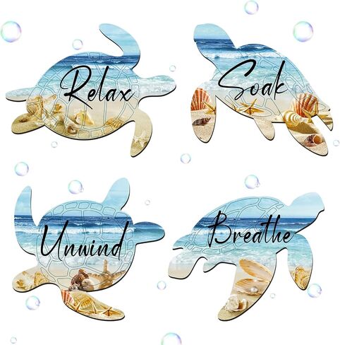 ZhouBoat 4 Pieces Sea Turtle Wall Art for Bathroom Sea Turtle Wall Decor Relax Soak Unwind Breathe Wall Art Bathroom Sign Wooden Sea Turtle Ocean Wall Decor for Home Wall Spa Washroom Laundry(Ocean) in Saudi Arabia