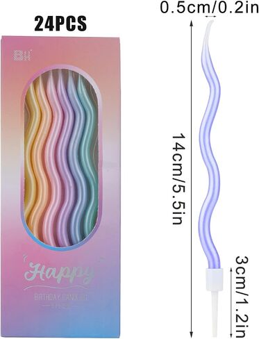 24pcs Spiral Cake Candles, Rainbow Birthday Candles with Holders Twisty Metallic Candles for Cake Party Decorations for Birthday Wedding(Thin Spiral) in Saudi Arabia