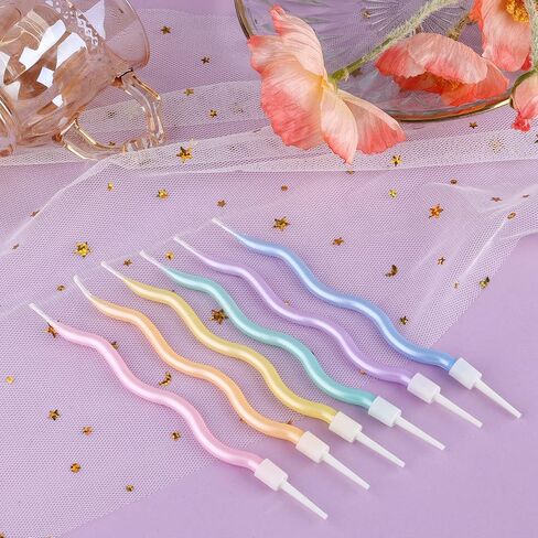 24pcs Spiral Cake Candles, Rainbow Birthday Candles with Holders Twisty Metallic Candles for Cake Party Decorations for Birthday Wedding(Thin Spiral) in Saudi Arabia