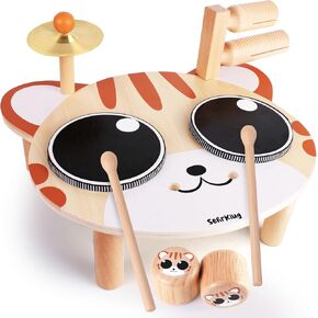 SehrKlug Kids Drum Set for Toddlers 1-3, 9 in 1 Wooden Musical Instruments Toys with Xylophone & Shakers, Baby Drum Set Montessori Music Toy for 1 2 Year Old, Birthday Gifts for Girls Boys