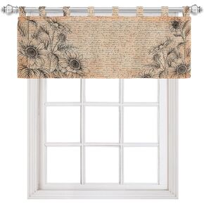 Curtain Valance Tab Top Valance for Windows, Sunflower Tab Top Curtains for Kitchen Cafe Living Room Bedroom, Spring Floral Brown Vintage Handwritten Letter Short Window Treatment, 42" x 18"